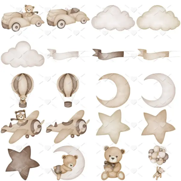 Aviator Teddy Bear Watercolor Clipart Set 300 DPI Transparent PNG for Nursery Decor Baby Shower Invites Boys Room Sublimation Scrapbooking