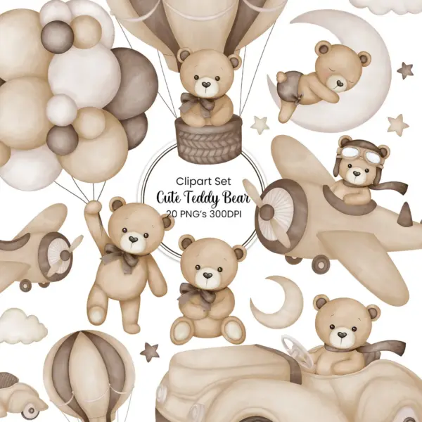 Aviator Teddy Bear Watercolor Clipart Set 300 DPI Transparent PNG for Nursery Decor Baby Shower Invites Boys Room Sublimation Scrapbooking