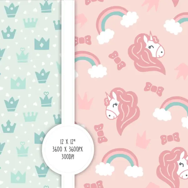 Baby Unicorn Digital Paper Pack, Pastel Rainbow Scrapbook Backgrounds, Cute Pink Mint Patterns, Seamless Printable Papers