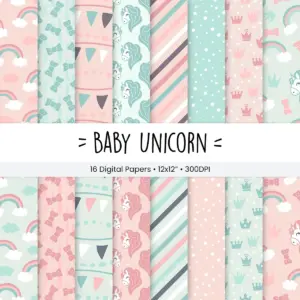 Baby Unicorn Digital Paper Pack, Pastel Rainbow Scrapbook Backgrounds, Cute Pink Mint Patterns, Seamless Printable Papers 18 Baby Unicorn Digital Paper Pack, Pastel Rainbow Scrapbook Backgrounds, Cute Pink Mint Patterns, Seamless Printable Papers