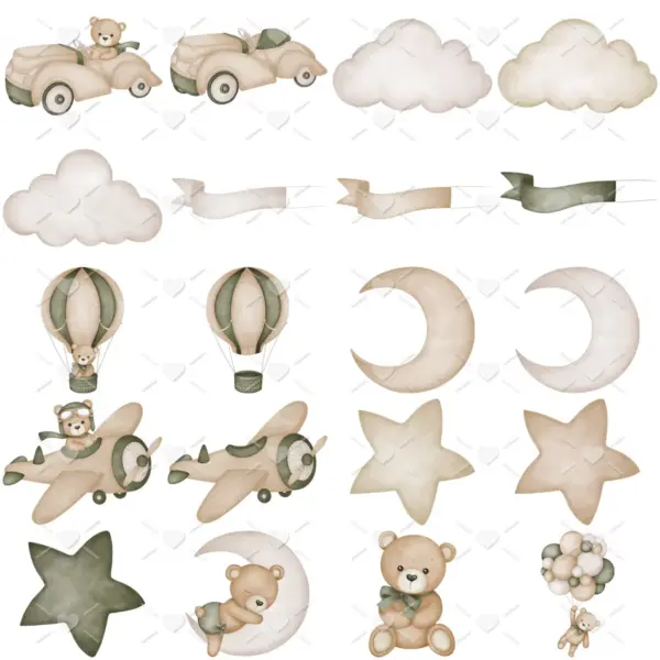 Balloon Teddy Bear Watercolor Clipart Set for Digital Planners Baby Shower Invitations Nursery Wall Art and Scrapbooking Projects