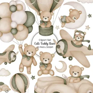 Balloon Teddy Bear Watercolor Clipart Set for Digital Planners Baby Shower Invitations Nursery Wall Art and Scrapbooking Projects