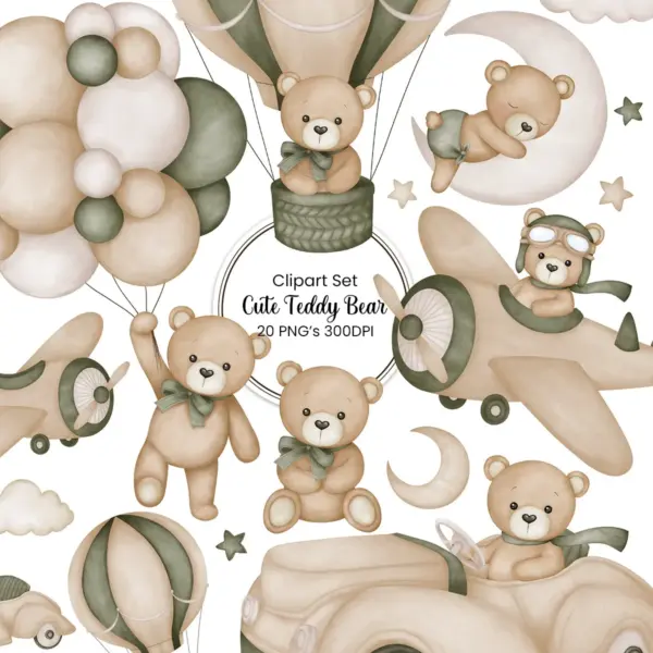 Balloon Teddy Bear Watercolor Clipart Set for Digital Planners Baby Shower Invitations Nursery Wall Art and Scrapbooking Projects