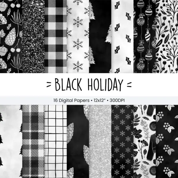 Black Holiday Seamless Digital Paper Set for Scrapbooking and Invitations, Elegant Winter Patterns for Craft Projects and Sublimation 12 Black Holiday Seamless Digital Paper Set for Scrapbooking and Invitations, Elegant Winter Patterns for Craft Projects and Sublimation