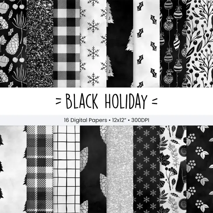 Black Holiday Seamless Digital Paper Set for Scrapbooking and Invitations, Elegant Winter Patterns for Craft Projects and Sublimation