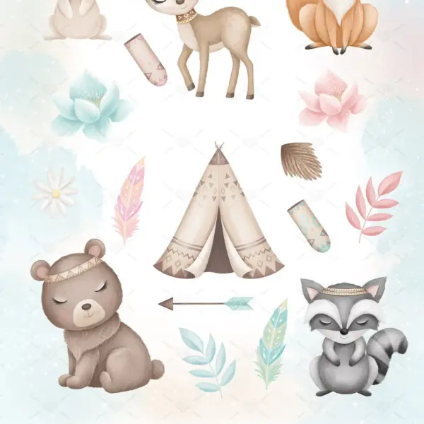 Boho Animals Nursery Cute Clipart Set for Baby Shower Invitations Nursery Wall Art Baby Milestone Cards Scrapbooking Projects