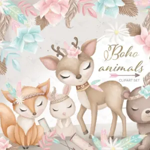 Boho Animals Nursery Cute Clipart Set for Baby Shower Invitations Nursery Wall Art Baby Milestone Cards Scrapbooking Projects