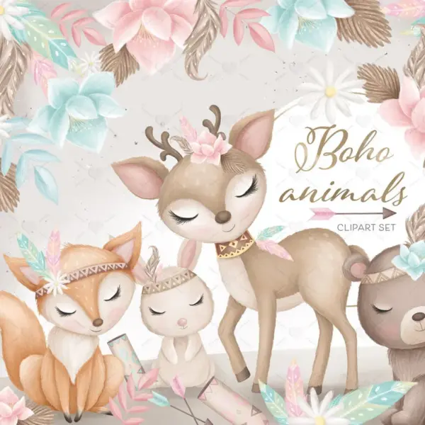 Boho Animals Nursery Cute Clipart Set for Baby Shower Invitations Nursery Wall Art Baby Milestone Cards Scrapbooking Projects