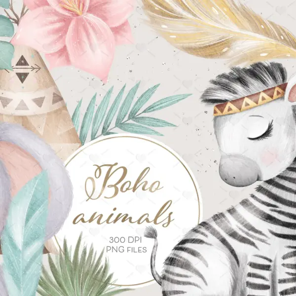 Boho Jungle Animals Clipart Set for Nursery Wall Art Baby Shower Invitations Scrapbooking Digital Paper Crafts Tropical Safari Theme