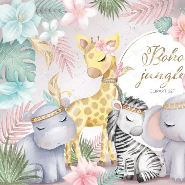 Boho Jungle Animals Clipart Set for Nursery Wall Art Baby Shower Invitations Scrapbooking Digital Paper Crafts Tropical Safari Theme