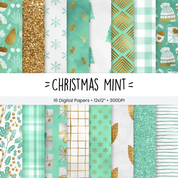 Christmas Mint Seamless Digital Paper Set for Holiday Crafts, Mint Green Festive Patterns, Scrapbooking Backgrounds, Commercial Use