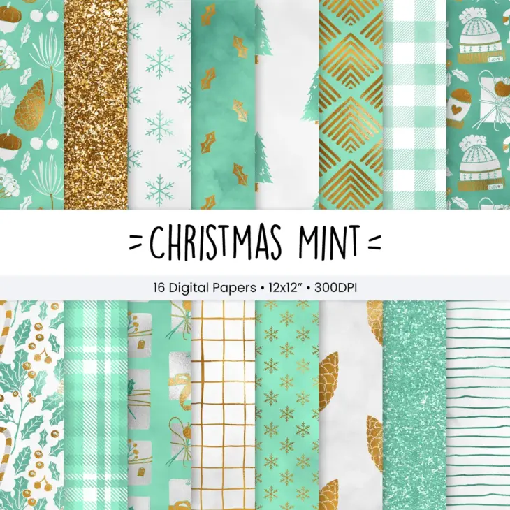 Christmas Mint Seamless Digital Paper Set for Holiday Crafts, Mint Green Festive Patterns, Scrapbooking Backgrounds, Commercial Use