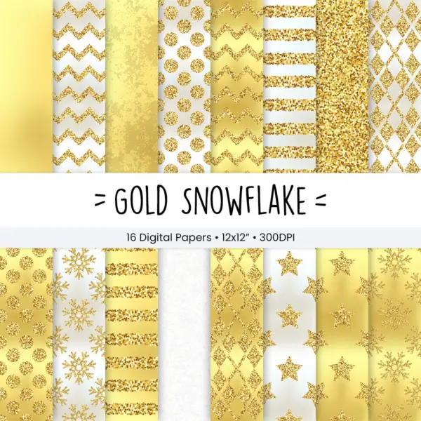 Classic Whimsical Gold Snowflake Digital Paper Set for Winter Crafts, Holiday Scrapbooking, and Festive Invitation Backgrounds