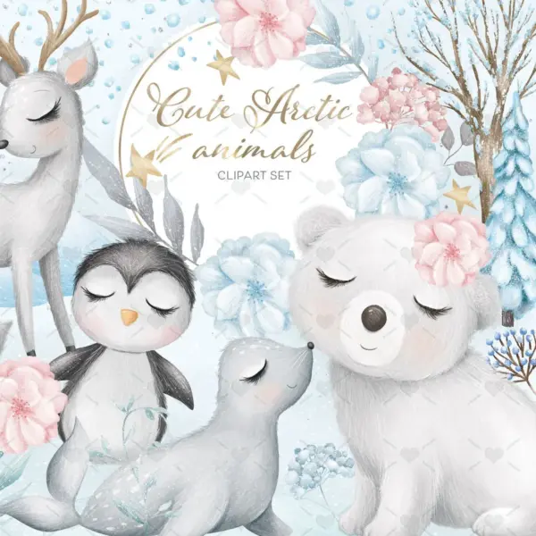 Cute Arctic Animals Clipart Set for Winter Crafts and Digital Projects Featuring Polar Bear Penguin Arctic Fox and Seal