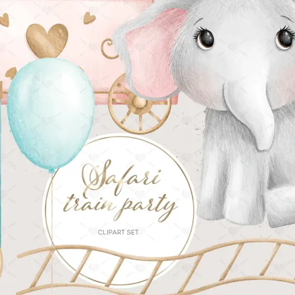 Cute Safari Train Party Clipart Set for Baby Shower Invitations Birthday Decorations Jungle Animal Themed Digital Paper Crafts Scrapbooking
