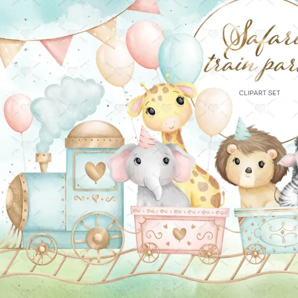 Cute Safari Train Party Clipart Set for Baby Shower Invitations Birthday Decorations Jungle Animal Themed Digital Paper Crafts Scrapbooking