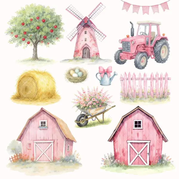 Farm Clipart Watercolor Pink Farm Png Nursery Clipart Baby Shower Birthday Barn Cow Tractor Horse Duck