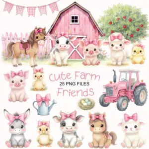 Farm Clipart Watercolor Pink Farm Png Nursery Clipart Baby Shower Birthday Barn Cow Tractor Horse Duck