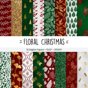 Floral Christmas Digital Paper Pack for Scrapbooking and Holiday Crafts with Vintage Botanicals and Poinsettia Patterns 14 Floral Christmas Digital Paper Pack for Scrapbooking and Holiday Crafts with Vintage Botanicals and Poinsettia Patterns