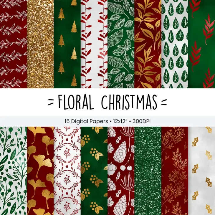 Floral Christmas Digital Paper Pack for Scrapbooking and Holiday Crafts with Vintage Botanicals and Poinsettia Patterns