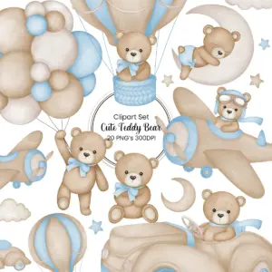 Hand Painted Watercolor Teddy Bear Clipart for Boys Nursery Art Baby Shower Invitations Scrapbooking Digital Paper Crafts