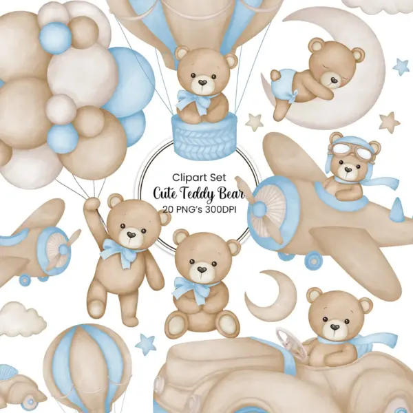 Hand Painted Watercolor Teddy Bear Clipart for Boys Nursery Art Baby Shower Invitations Scrapbooking Digital Paper Crafts