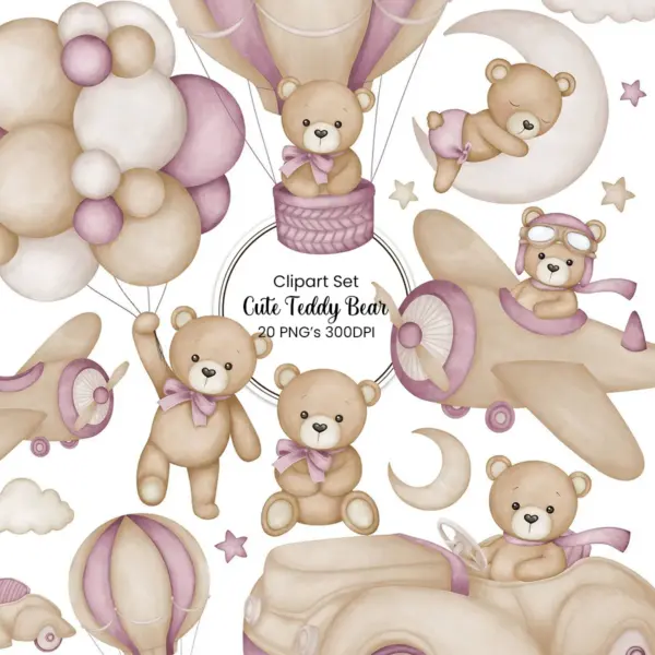 Hand Painted Watercolor Teddy Bear Clipart for Girls Nursery Decor Baby Shower Invitations Scrapbooking Projects and Digital Crafts