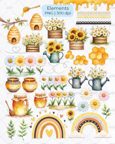 Little Bee Clipart Pack for Digital Planners and Scrapbooking Projects, Cute Hand Drawn Spring Honeybee Illustrations with Floral Accents