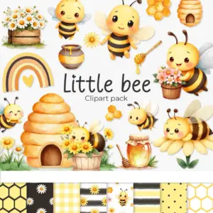 Little Bee Clipart Pack for Digital Planners and Scrapbooking Projects, Cute Hand Drawn Spring Honeybee Illustrations with Floral Accents