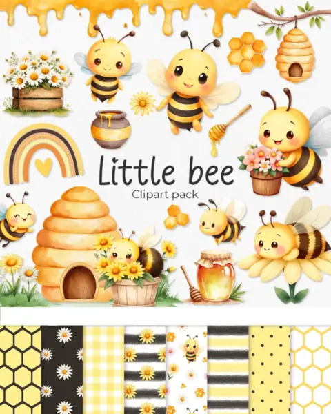 Little Bee Clipart Pack for Digital Planners and Scrapbooking Projects, Cute Hand Drawn Spring Honeybee Illustrations with Floral Accents