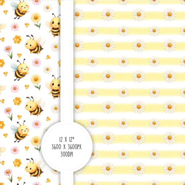 Little Bee Digital Papers Set for Scrapbooking and Card Making, Honeycomb Patterns, Floral Bee Stationery Designs, Spring Craft Projects