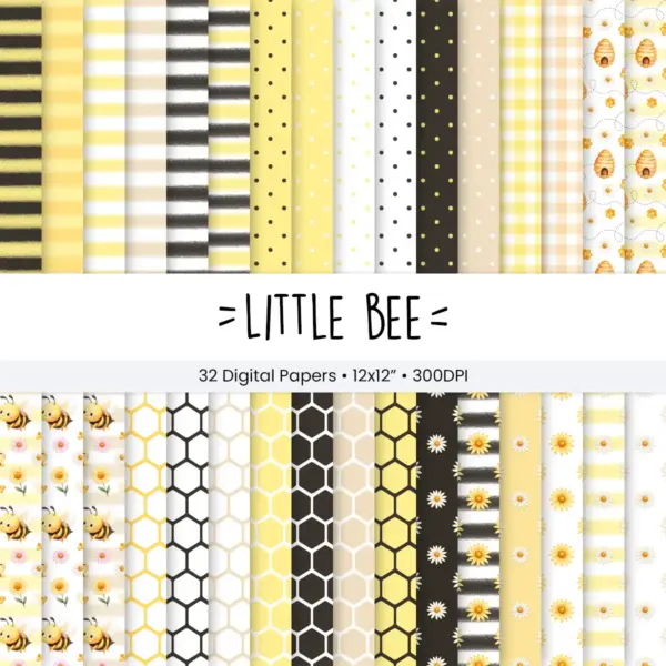 Little Bee Digital Papers Set for Scrapbooking and Card Making, Honeycomb Patterns, Floral Bee Stationery Designs, Spring Craft Projects