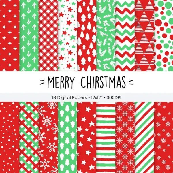 Merry Christmas Digital Paper Pack for Scrapbooking and Card Making with Modern Holiday Patterns and Traditional Festive Colors