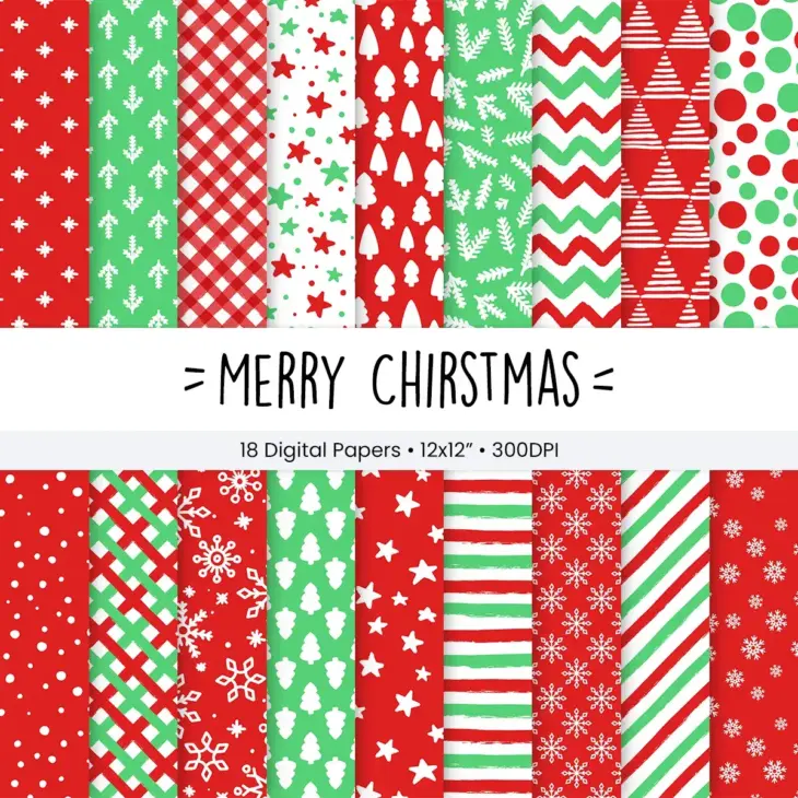 Merry Christmas Digital Paper Pack for Scrapbooking and Card Making with Modern Holiday Patterns and Traditional Festive Colors