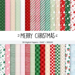 Merry Christmas Digital Paper Set for Scrapbooking and Card Making, Festive Holiday Backgrounds with Vintage Patterns and Gold Foil Accents