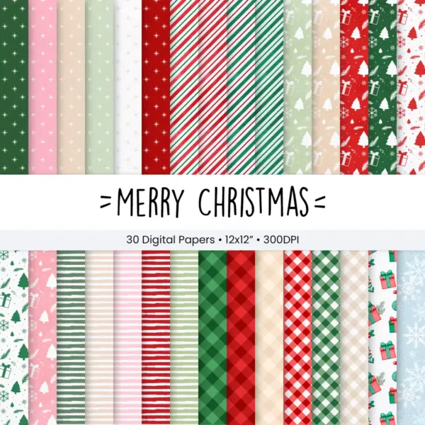 Merry Christmas Digital Paper Set for Scrapbooking and Card Making, Festive Holiday Backgrounds with Vintage Patterns and Gold Foil Accents