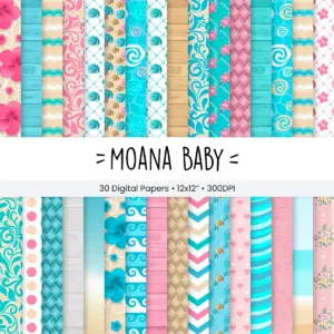 Moana Baby Digital Paper Pack for Scrapbooking and Invitations with Tropical Ocean Patterns and Disney Inspired Designs