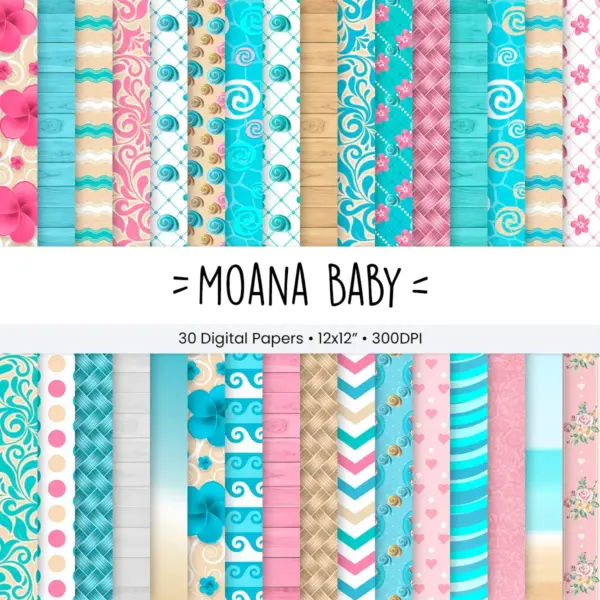 Moana Baby Digital Paper Pack for Scrapbooking and Invitations with Tropical Ocean Patterns and Disney Inspired Designs