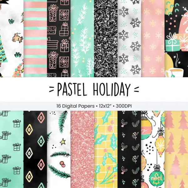 Pastel Holiday Digital Paper Set Soft Winter Patterns for Scrapbooking Invitations Junk Journals Printable Craft Backgrounds