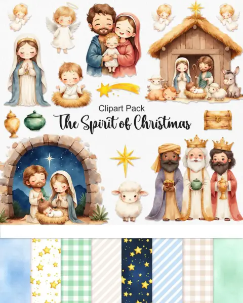 The Spirit of Christmas Clipart Pack for Holiday Crafts and Digital Scrapbooking with Whimsical Winter Illustrations and PNG Files