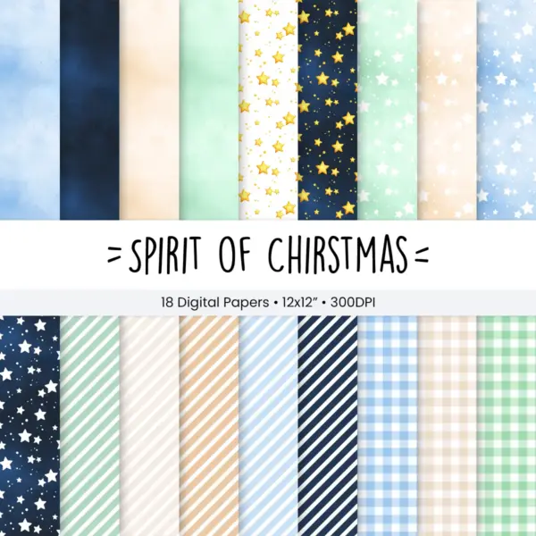 The Spirit of Christmas Digital Paper Set for Scrapbooking and Card Making with Whimsical Holiday Patterns and Gold Foil Accents