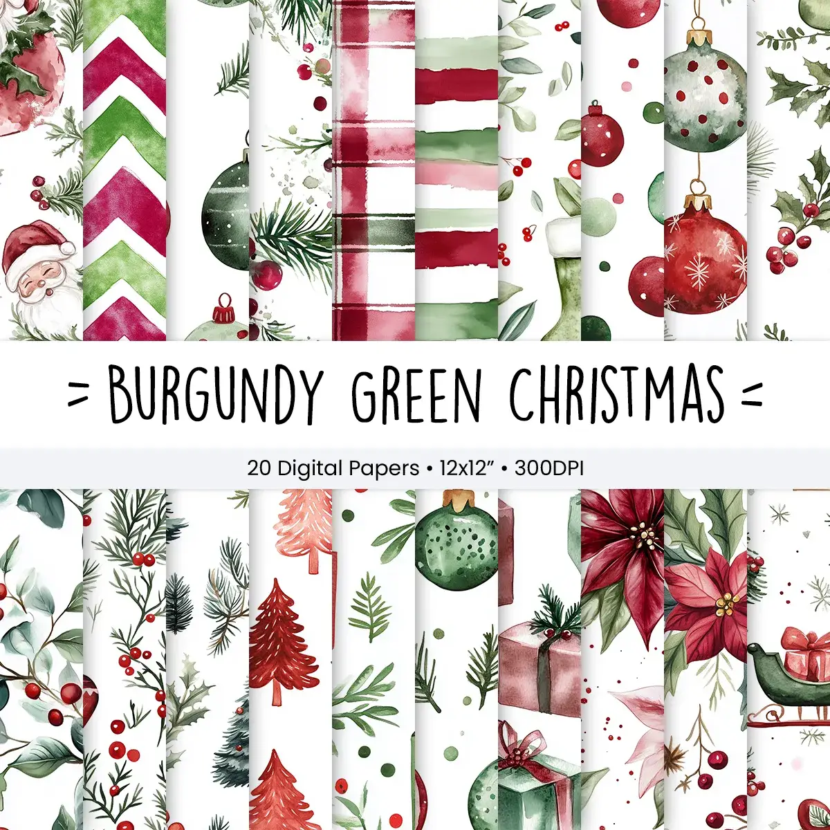 Watercolor Christmas Burgundy and Green Digital Paper Set for Holiday Crafts, Scrapbooking, and Invitation Backgrounds with Botanical Patterns 1 Watercolor Christmas Burgundy and Green Digital Paper Set for Holiday Crafts, Scrapbooking, and Invitation Backgrounds with Botanical Patterns