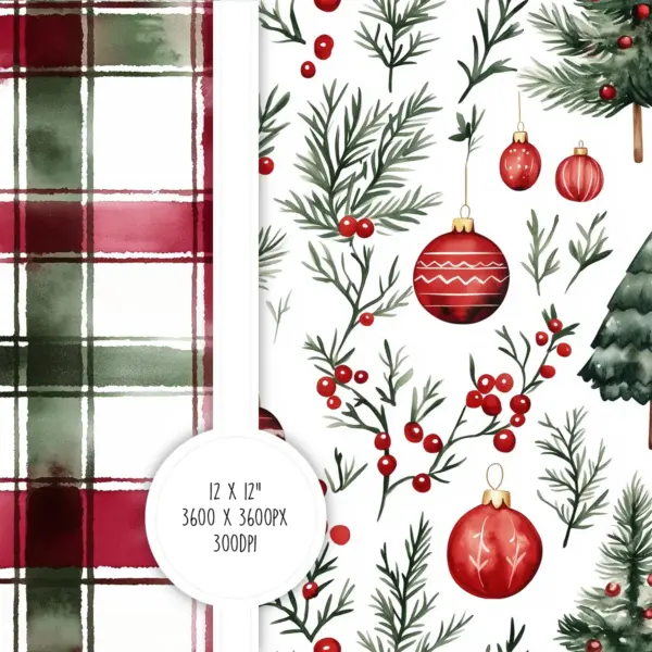 Watercolor Christmas Burgundy and Green Digital Paper Set for Holiday Crafts, Scrapbooking, and Invitation Backgrounds with Botanical Patterns