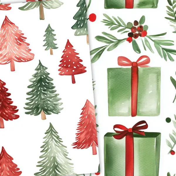 Watercolor Christmas Burgundy and Green Digital Paper Set for Holiday Crafts, Scrapbooking, and Invitation Backgrounds with Botanical Patterns