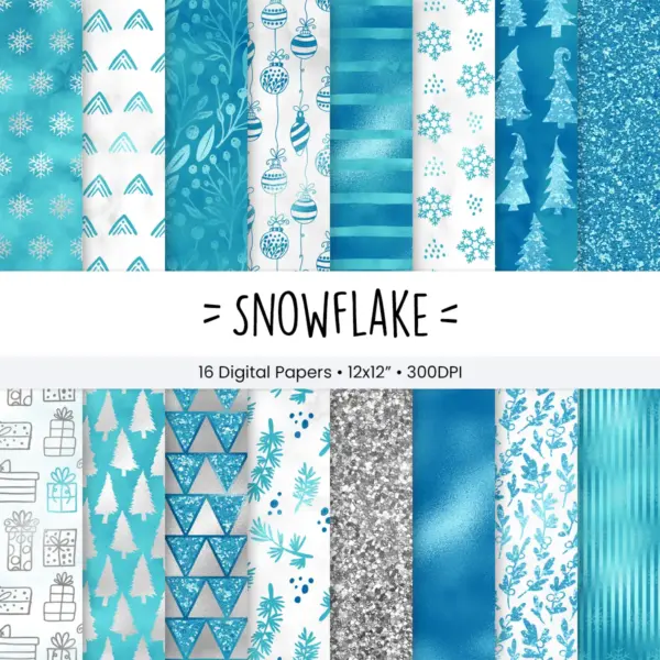 Winter Snowflake Digital Paper Set for Scrapbooking and Card Making Seamless Patterns Blue Silver White Backgrounds