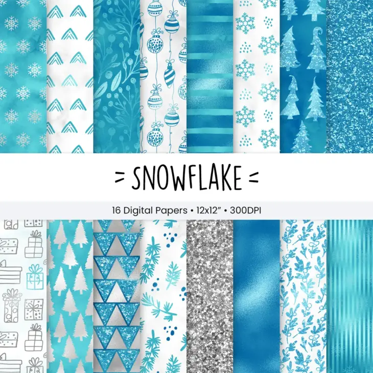 Winter Snowflake Digital Paper Set for Scrapbooking and Card Making Seamless Patterns Blue Silver White Backgrounds