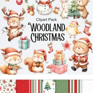 Woodland Christmas Clipart Pack with Vintage Winter Animals for Holiday Crafting Projects and Digital Scrapbooking Designs