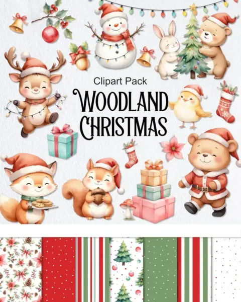 Woodland Christmas Clipart Pack with Vintage Winter Animals for Holiday Crafting Projects and Digital Scrapbooking Designs