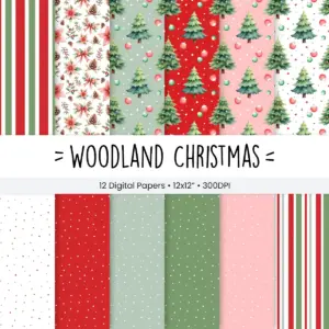 Woodland Christmas Digital Paper Set with Vintage Forest Animals and Pine Trees for Scrapbooking and Holiday Card Making
