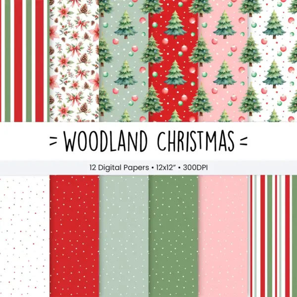 Woodland Christmas Digital Paper Set with Vintage Forest Animals and Pine Trees for Scrapbooking and Holiday Card Making